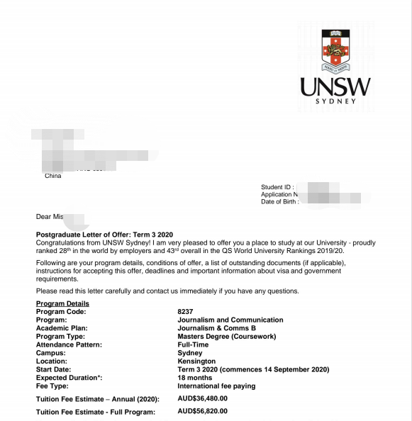 张同学被澳大利亚新南威尔士大学录取